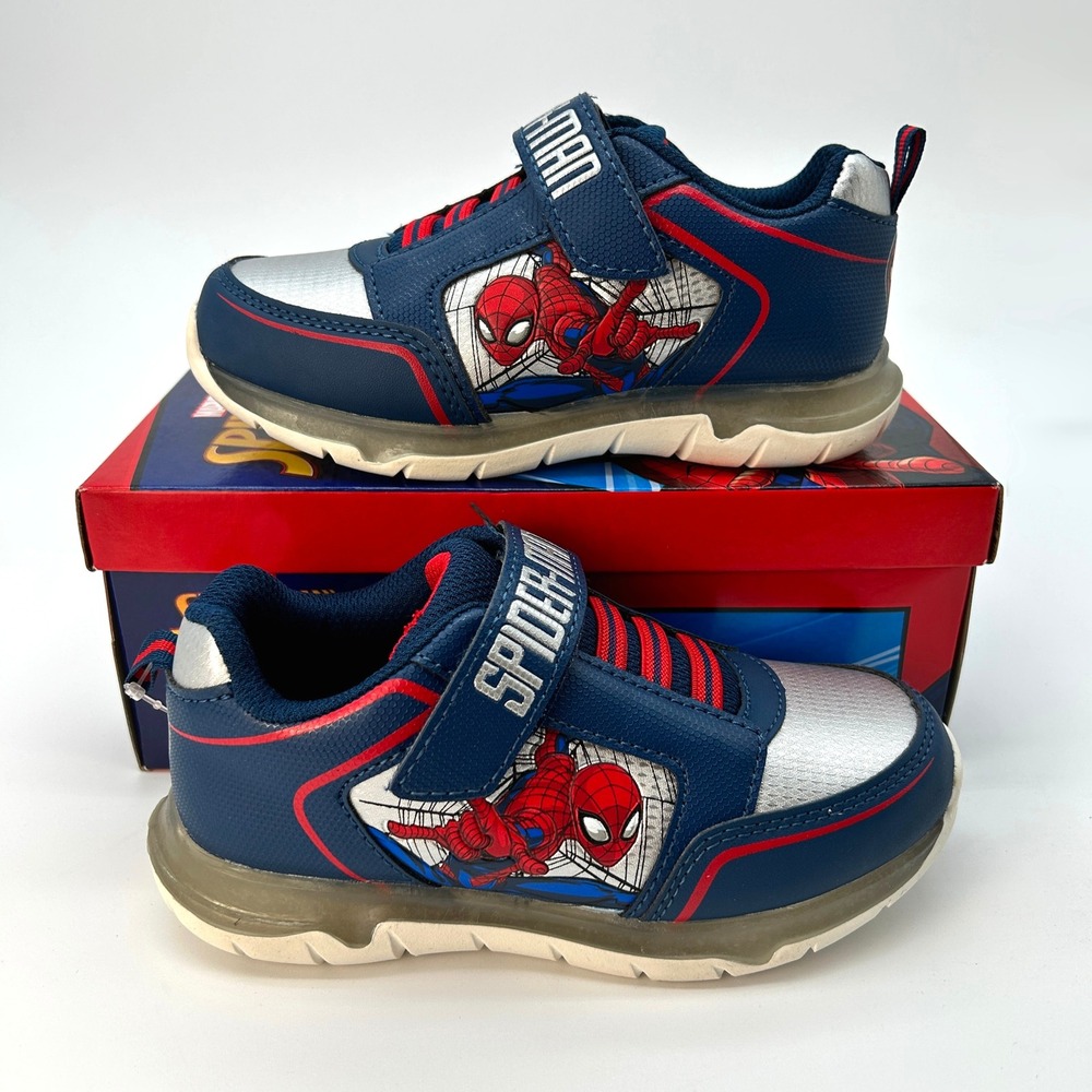 Marvel Spiderman Light Up Sneakers Size 12 Little Boys Shoes Navy Red Silver NEW